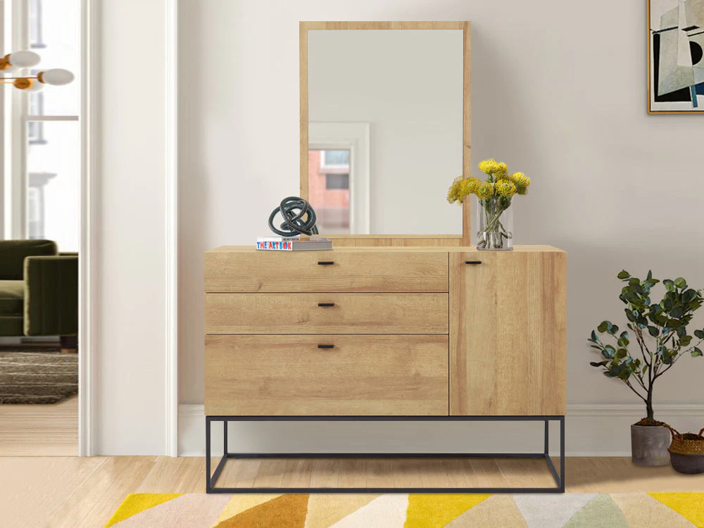 XOAN 4 Drawers Chest Dresser with Mirror - Oak