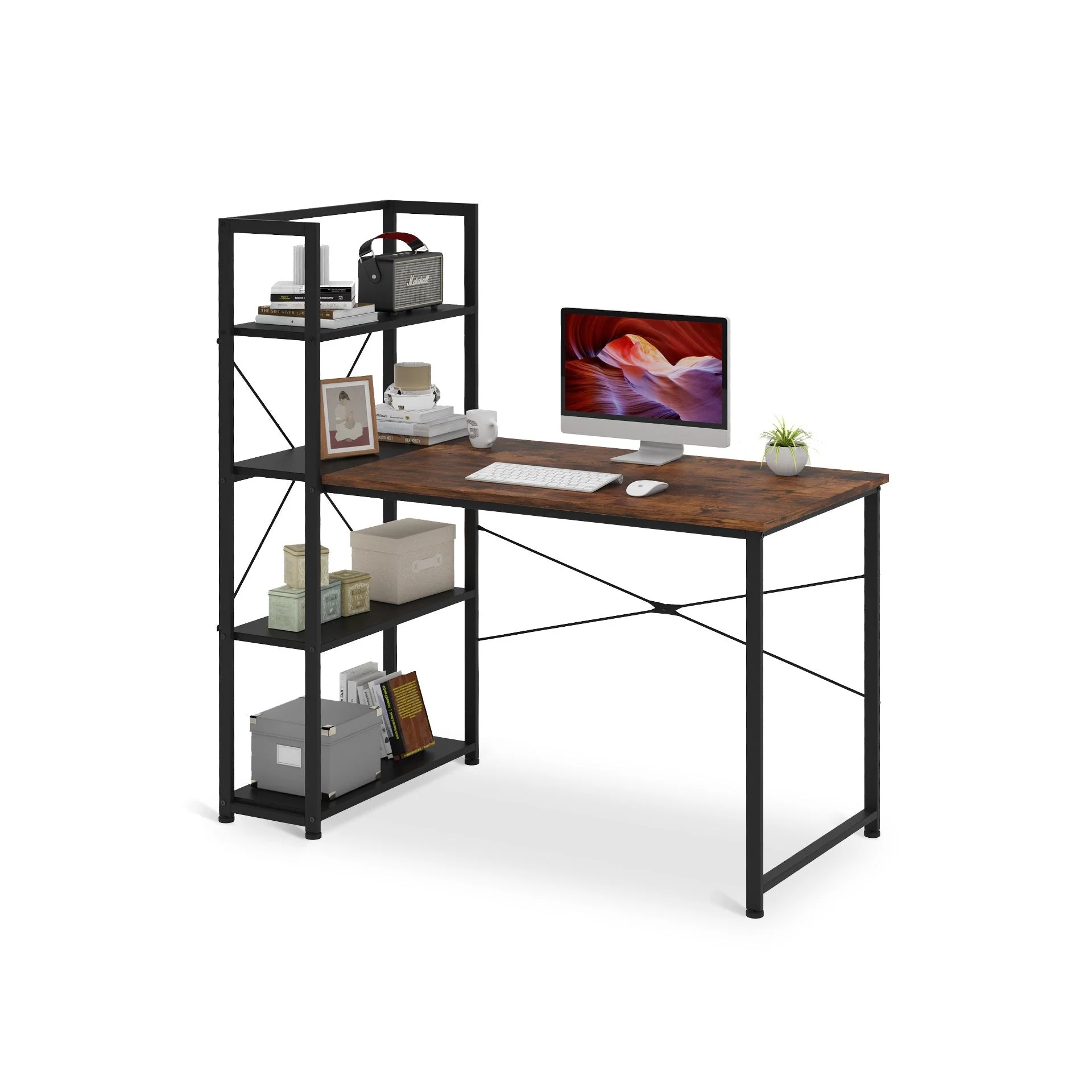 Zayden 120cm Computer Desk with Bookshelf - Rustic Brown + Black - Image 2