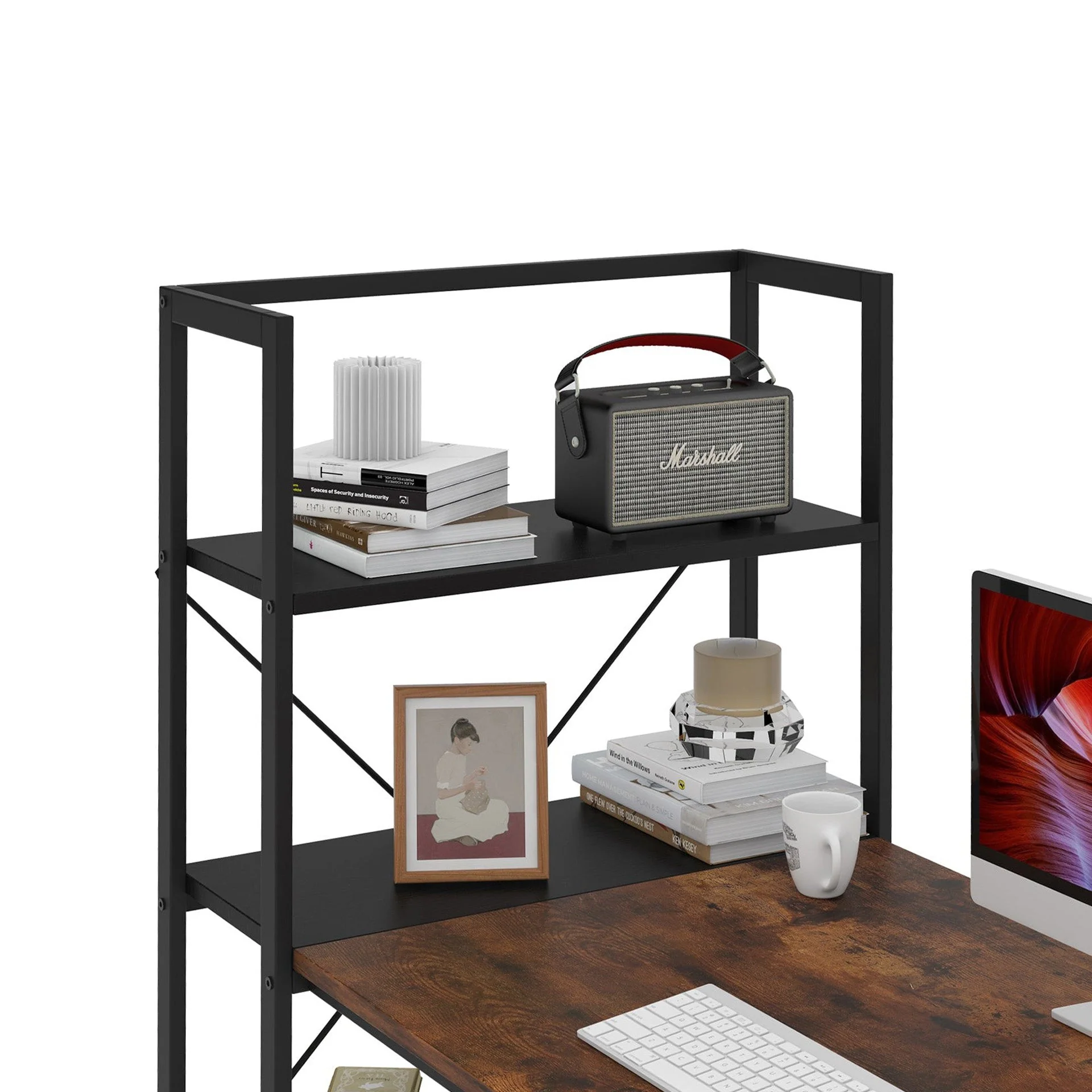 Zayden 120cm Computer Desk with Bookshelf - Rustic Brown + Black - Image 3