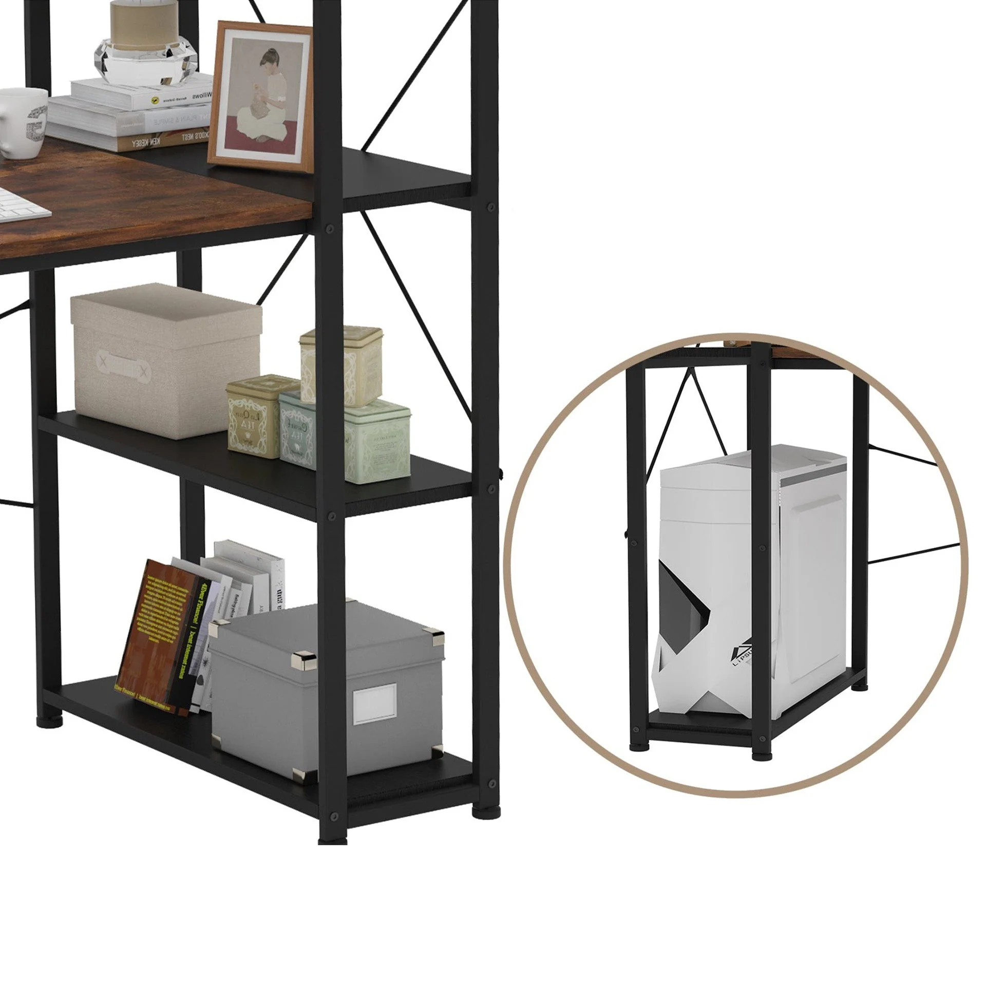 Zayden 120cm Computer Desk with Bookshelf - Rustic Brown + Black - Image 4