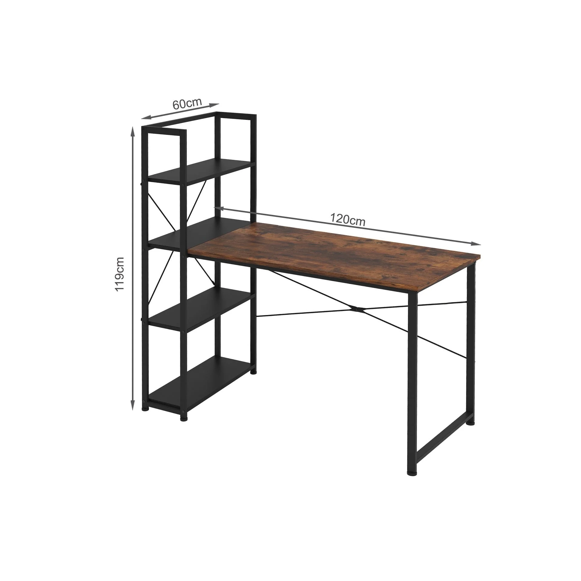 Zayden 120cm Computer Desk with Bookshelf - Rustic Brown + Black - Image 6